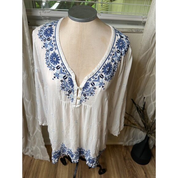 J.Jill Missy White & Blue Floral Embroidered Sheer Rayon Tunic 3-Button Front L - Picture 1 of 14